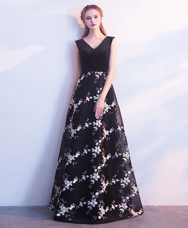 Black V Neck Long Prom Dress, Black Evening Dress Tunics Short Trendy