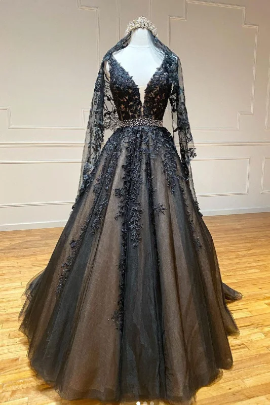 Black v neck tulle lace beads long prom dress black evening dress Tunics Designer luxury Black v neck tulle lace beads long prom dress black evening dress Tunics Designer luxury