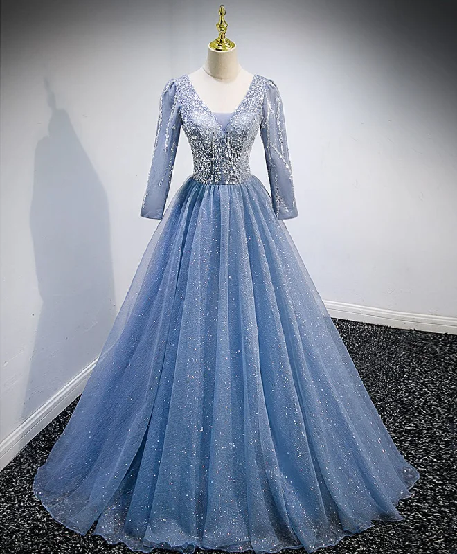 Blue V Neck Tulle Lace Long Prom Dress, Blue Evening Dress with Sequin Beading Tunics Canvas sturdy Blue V Neck Tulle Lace Long Prom Dress, Blue Evening Dress with Sequin Beading Tunics Canvas sturdy
