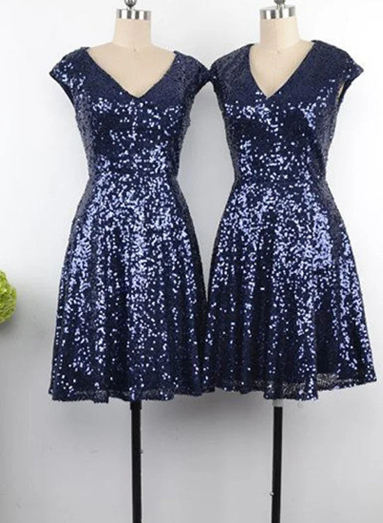 Blue Sequins Short Bridesmaid Dresses, Wedding Party Dresses, Knee Length Sequins Evening Dresses Tunics Sophisticated sleek Blue Sequins Short Bridesmaid Dresses, Wedding Party Dresses, Knee Length Sequins Evening Dresses Tunics Sophisticated sleek