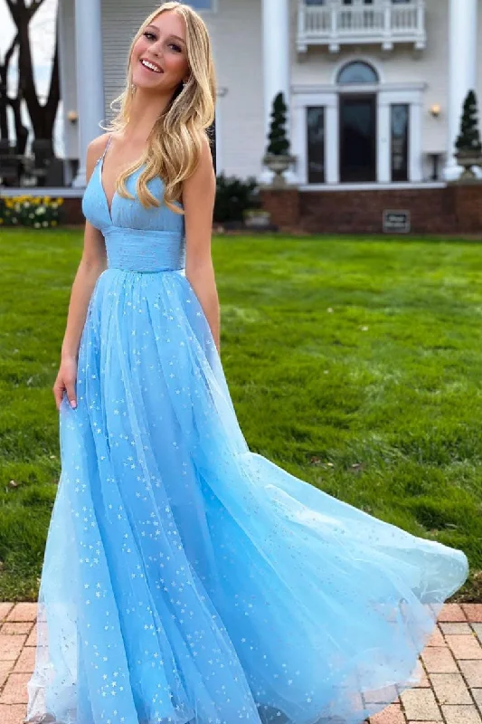 Blue v neck tulle beads long prom dress blue tulle evening dress Pleated Skirt Elegant Blue v neck tulle beads long prom dress blue tulle evening dress Pleated Skirt Elegant