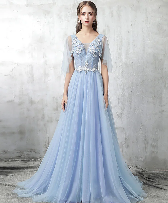 Blue V Neck Tulle Lace Applique Long Prom Dress, Blue Evening Dress Tunics Distressed trendy Blue V Neck Tulle Lace Applique Long Prom Dress, Blue Evening Dress Tunics Distressed trendy