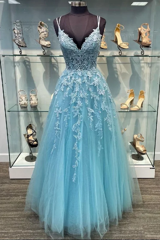 Blue v neck tulle lace long prom dress blue tulle lace evening dress Tunics Evening elegant Blue v neck tulle lace long prom dress blue tulle lace evening dress Tunics Evening elegant