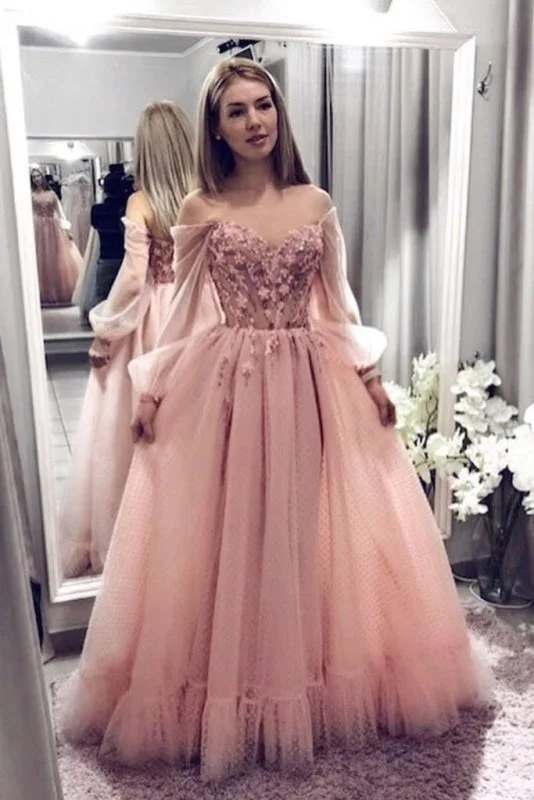 Blush Pink Prom Dresses With Long Sleeves A Line Elegant Evening Dress with Applique Sequined Elegant Party Blush Pink Prom Dresses With Long Sleeves A Line Elegant Evening Dress with Applique Sequined Elegant Party