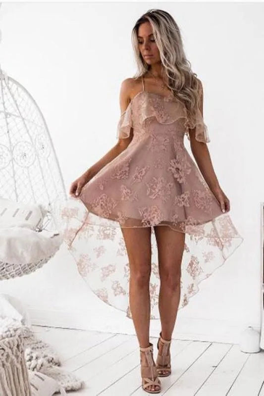 Blush Straps Fashion A-Line Lace Off-Shoulder High Low Short Homecoming Party Dress Tunics Satin smooth Blush Straps Fashion A-Line Lace Off-Shoulder High Low Short Homecoming Party Dress Tunics Satin smooth