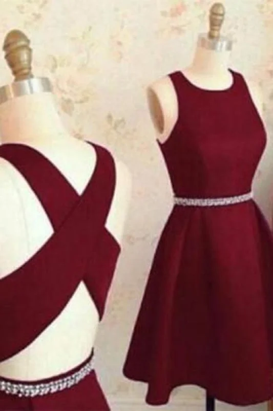Burgundy Cute Short Prom Dresses Sleeveless Satin Homecoming Party Dress with Beads Tunics Distressed trendy Burgundy Cute Short Prom Dresses Sleeveless Satin Homecoming Party Dress with Beads Tunics Distressed trendy