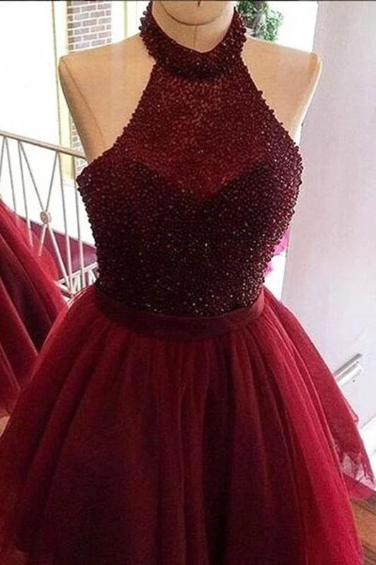 Burgundy Halter Beading Tulle Short Prom/Homecoming Backless Party Dresses Tunics Winter warm Burgundy Halter Beading Tulle Short Prom/Homecoming Backless Party Dresses Tunics Winter warm