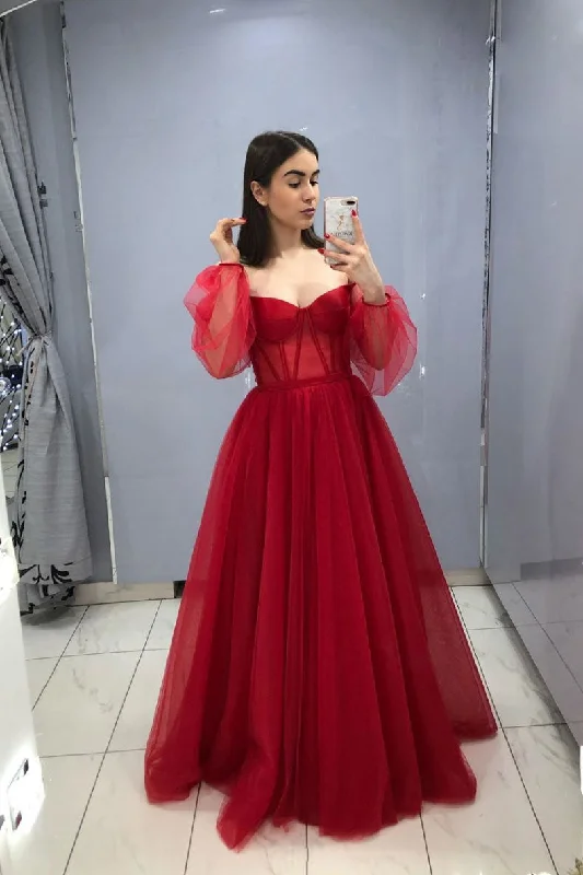 Burgundy sweetheart tulle long prom dress burgundy evening dress Tunics Custom made