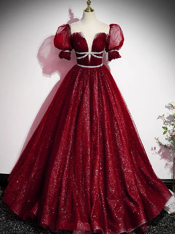 Burgundy Tulle Sequin Long Prom Dress, Burgundy Formal Evening Dresses Tunics Trousers formal Burgundy Tulle Sequin Long Prom Dress, Burgundy Formal Evening Dresses Tunics Trousers formal