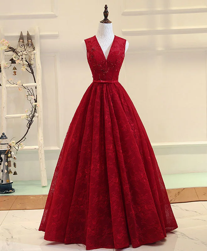 Burgundy V Neck Lace Long Prom Dress, Burgundy Evening Dress Tunics Mesh breathable