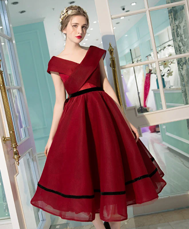 Burgundy V Neck Tea Length Prom Dress, Burgundy Evening Dress Tunics Hiking breathable Burgundy V Neck Tea Length Prom Dress, Burgundy Evening Dress Tunics Hiking breathable