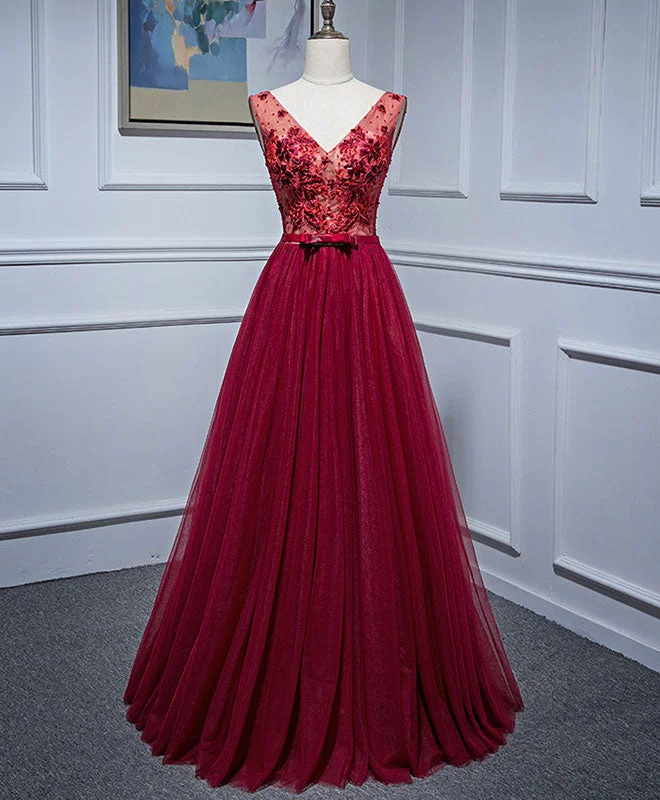Burgundy V Neck Tulle Lace Long Prom Dress, Burgundy Evening Dress Tunics Top Casual Burgundy V Neck Tulle Lace Long Prom Dress, Burgundy Evening Dress Tunics Top Casual