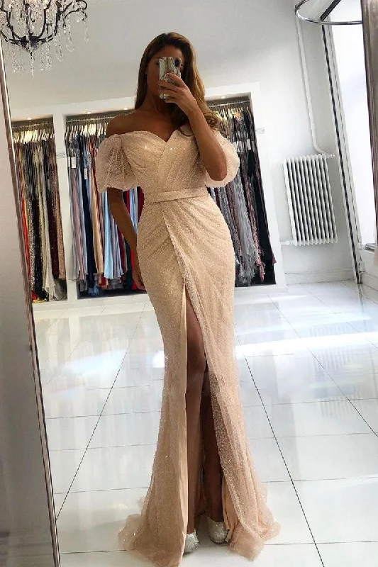 Champagne off shoulder tulle mermaid long prom dress tulle evening dress Tunics Party sparkling Champagne off shoulder tulle mermaid long prom dress tulle evening dress Tunics Party sparkling