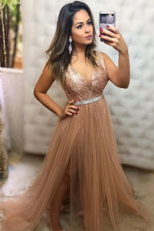 Champagne v neck tulle sequin long prom dress champagne evening dress Tunics Lace romantic Champagne v neck tulle sequin long prom dress champagne evening dress Tunics Lace romantic