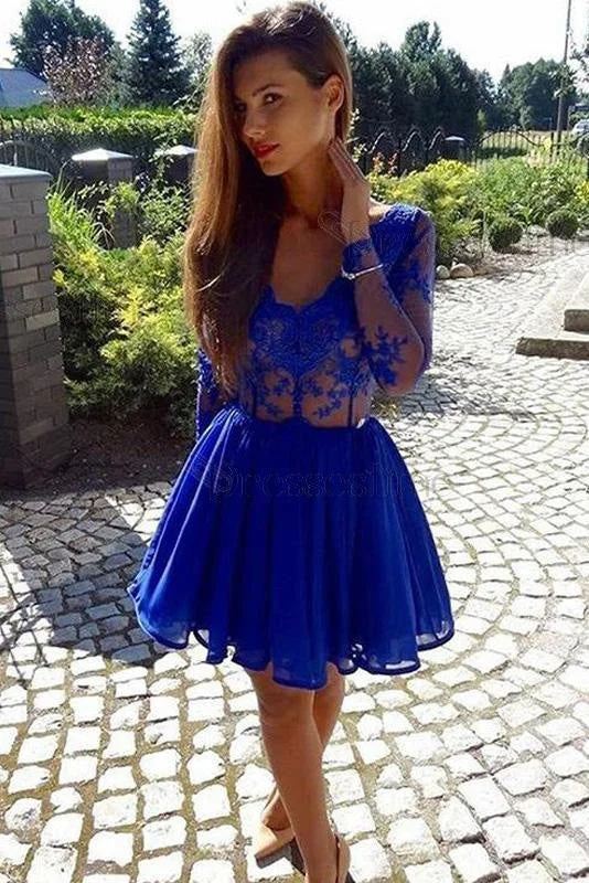 Chic Excellent Elegant A-Line V-Neck Long Sleeves Chiffon Lace Homecoming Royal Blue Party Dress Tunics Short Trendy Chic Excellent Elegant A-Line V-Neck Long Sleeves Chiffon Lace Homecoming Royal Blue Party Dress Tunics Short Trendy