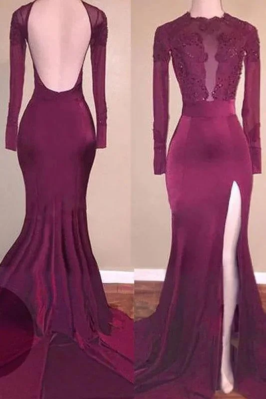 Chic Mermaid Sleeves Applique Backless Prom Long Split Evening Dresses Tunics Long Elegant Chic Mermaid Sleeves Applique Backless Prom Long Split Evening Dresses Tunics Long Elegant