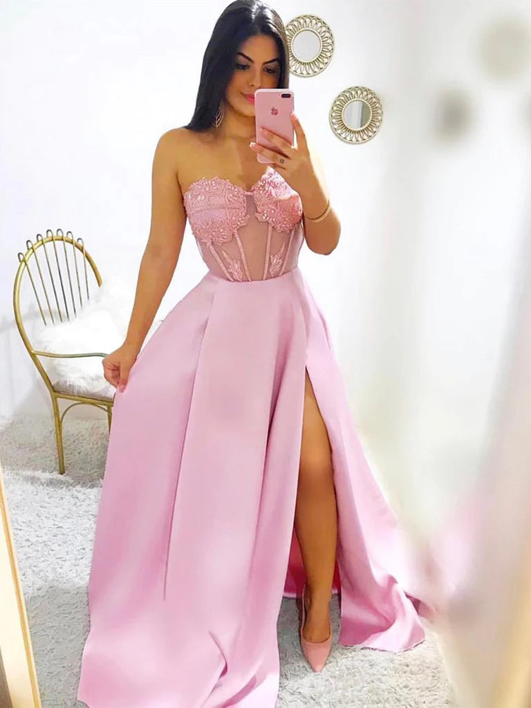 Sweetheart Neck Pink Lace Prom Dresses Long, Pink Lace Formal Graduation Evening Dresses Tunics Spring floral Sweetheart Neck Pink Lace Prom Dresses Long, Pink Lace Formal Graduation Evening Dresses Tunics Spring floral
