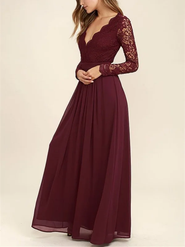 Dark Burgundy Lace Long Sleeves V Neck Bridesmaid Dress, Burgundy Lace  Long Prom Dress, Backless Evening Dress Tunics Plaid country