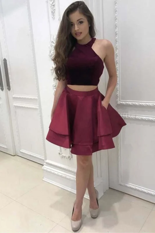 Dark Red Two Piece Satin Mini Homecoming Dress Simple Sleeveless Party Dresses Shift Classic Vintage Dark Red Two Piece Satin Mini Homecoming Dress Simple Sleeveless Party Dresses Shift Classic Vintage