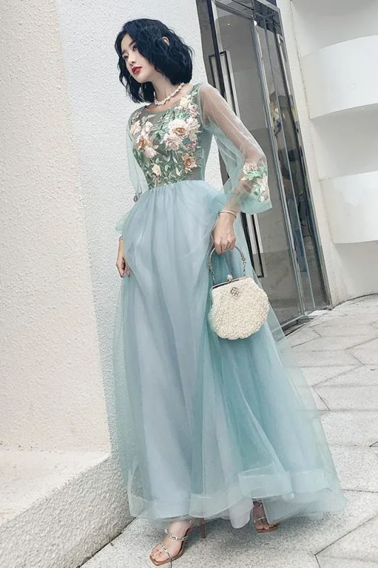Elegant Long Sleeves Appliqued Tulle Prom Floor Length Appliques Evening Dress Tunics Timeless classic Elegant Long Sleeves Appliqued Tulle Prom Floor Length Appliques Evening Dress Tunics Timeless classic