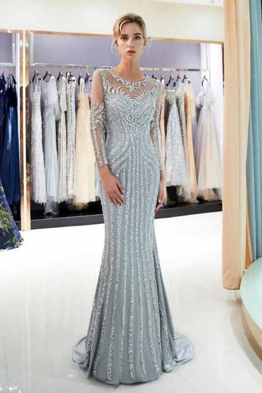 Fascinating Gray Beaded Evening Dresses Luxury Mermaid Crystal Sweep Train Long Sleeves Prom Dress Tunics Trendy modern Fascinating Gray Beaded Evening Dresses Luxury Mermaid Crystal Sweep Train Long Sleeves Prom Dress Tunics Trendy modern