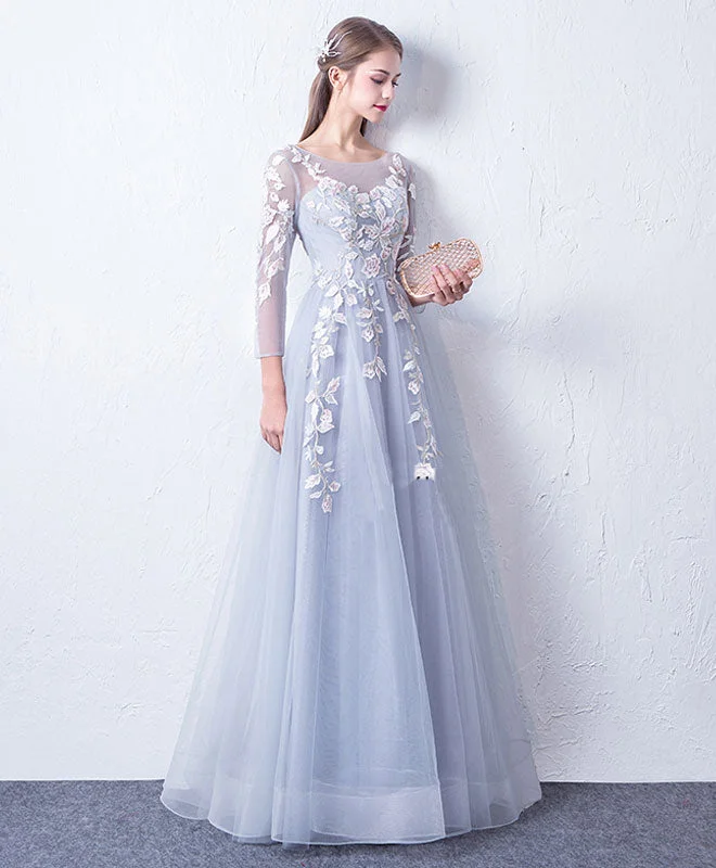 Gray Blue Cute Round Neck Lace Applique Tulle Long Prom Dress, Evening Dress Off-the-shoulder Bohemian Festive Gray Blue Cute Round Neck Lace Applique Tulle Long Prom Dress, Evening Dress Off-the-shoulder Bohemian Festive