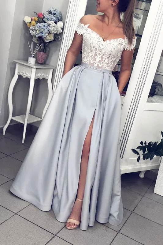 Gray lace off shoulder satin long prom dress gray lace evening dress Tunics stripes playful Gray lace off shoulder satin long prom dress gray lace evening dress Tunics stripes playful