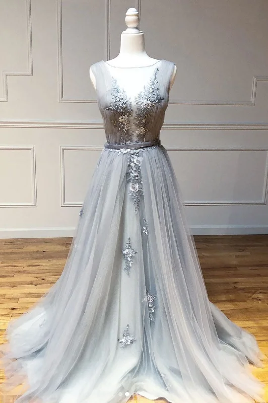 Gray round neck tulle lace long prom dress gray lace evening dress Tunics Floral girly Gray round neck tulle lace long prom dress gray lace evening dress Tunics Floral girly