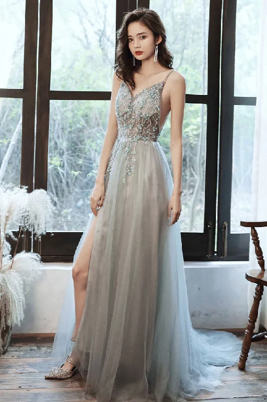 Gray v neck tulle beads long prom dress beads tulle evening dress Tunics Hiking breathable Gray v neck tulle beads long prom dress beads tulle evening dress Tunics Hiking breathable