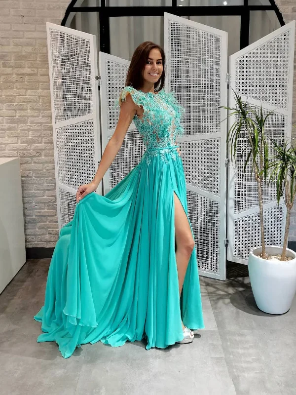 Green round neck chiffon lace long prom dress, lace evening dress Crew Neckline Sporty Green round neck chiffon lace long prom dress, lace evening dress Crew Neckline Sporty