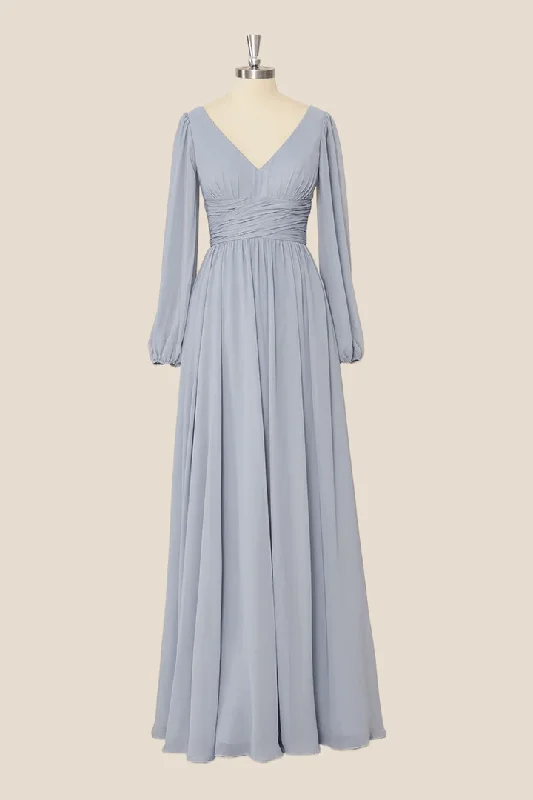 Grey Long Sleeves Chiffon A-Line Long Party Dress Bridesmaid Dress,DP1819 Tunics Brand named Grey Long Sleeves Chiffon A-Line Long Party Dress Bridesmaid Dress,DP1819 Tunics Brand named