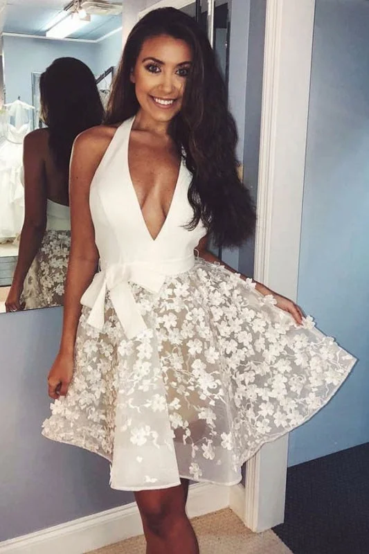 Ivory Lace Applique Halter Homecoming Dresses Sexy Sleeveless Short Party Dress Tunics Seasonal trendy Ivory Lace Applique Halter Homecoming Dresses Sexy Sleeveless Short Party Dress Tunics Seasonal trendy