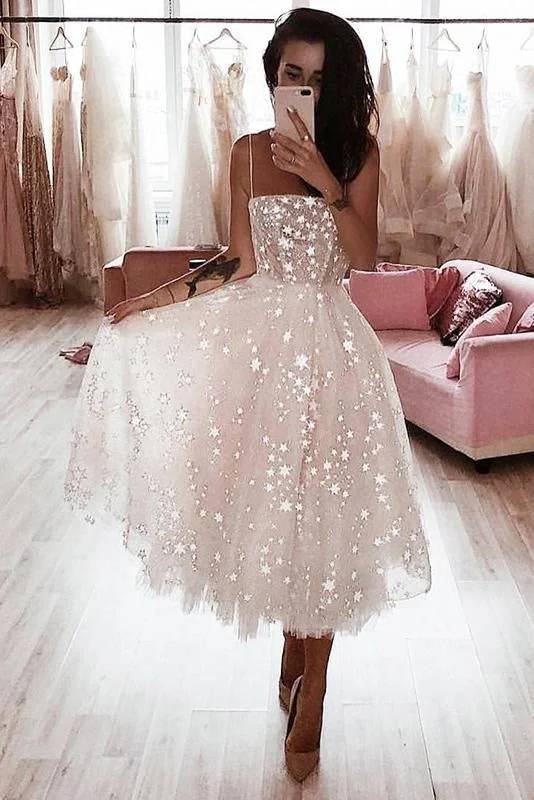 Ivory Spaghetti Strap Tea Length Starry Tulle Homecoming Party Dress Tunics Floral girly Ivory Spaghetti Strap Tea Length Starry Tulle Homecoming Party Dress Tunics Floral girly