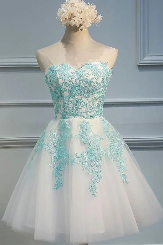 Ivory Sweetheart Homecoming with Mint Appliques Strapless Tulle Short Party Dress Tunics Silk luxurious Ivory Sweetheart Homecoming with Mint Appliques Strapless Tulle Short Party Dress Tunics Silk luxurious