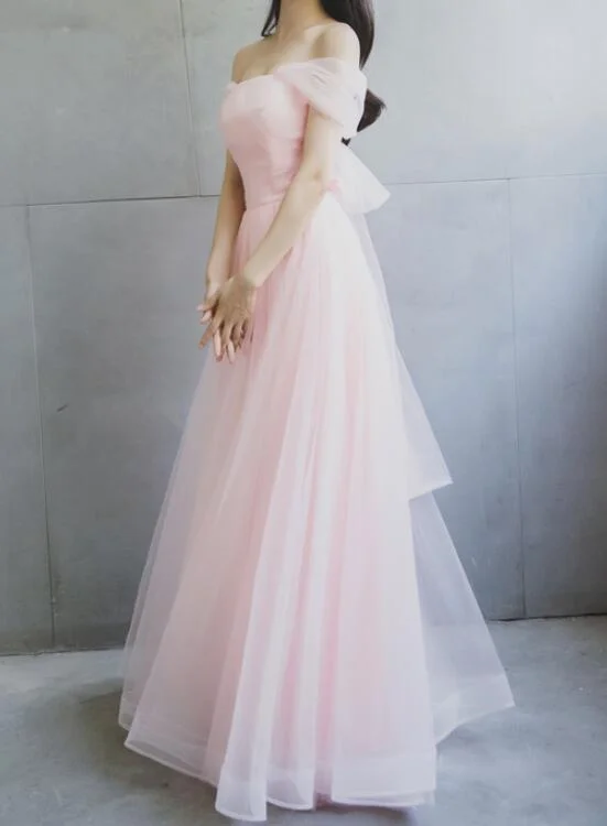Light Pink Tulle Off Shoulder Party Dress with Bow, Soft Pink Formal Dresses, Bridesmaid Dresses Tunics Denim casual Light Pink Tulle Off Shoulder Party Dress with Bow, Soft Pink Formal Dresses, Bridesmaid Dresses Tunics Denim casual