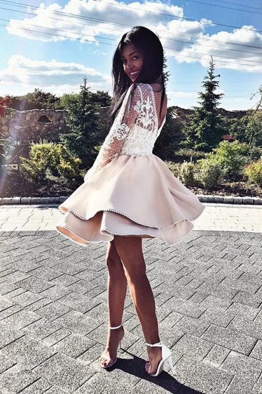 Long Sleeve Satin Short Homecoming Dress A Line Lace Mini Party Dresses Tunics Essential wardrobe Long Sleeve Satin Short Homecoming Dress A Line Lace Mini Party Dresses Tunics Essential wardrobe