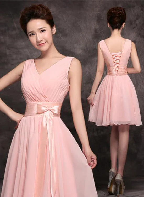 Lovely Pink Party Dress with Bow, Chiffon Cute Formal Dress, Simple Party Dress Tunics Satin smooth Lovely Pink Party Dress with Bow, Chiffon Cute Formal Dress, Simple Party Dress Tunics Satin smooth