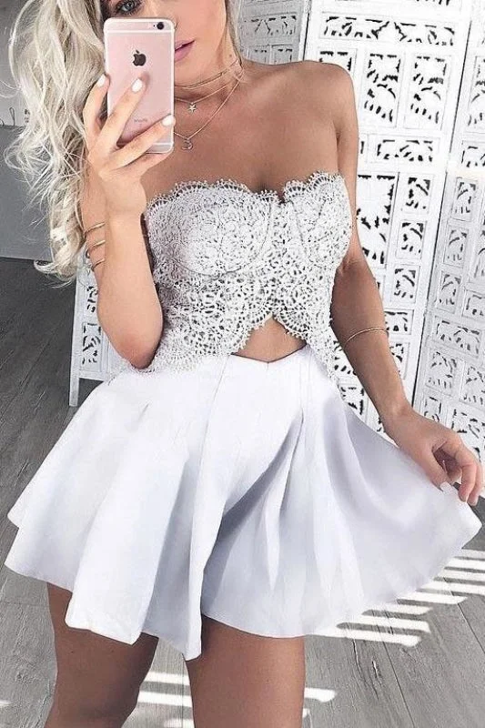 Marvelous Amazing Two Pieces Cheap Strapless Lace Homecoming Satin Short Prom Party Dress Turtleneck Warm Winter Marvelous Amazing Two Pieces Cheap Strapless Lace Homecoming Satin Short Prom Party Dress Turtleneck Warm Winter