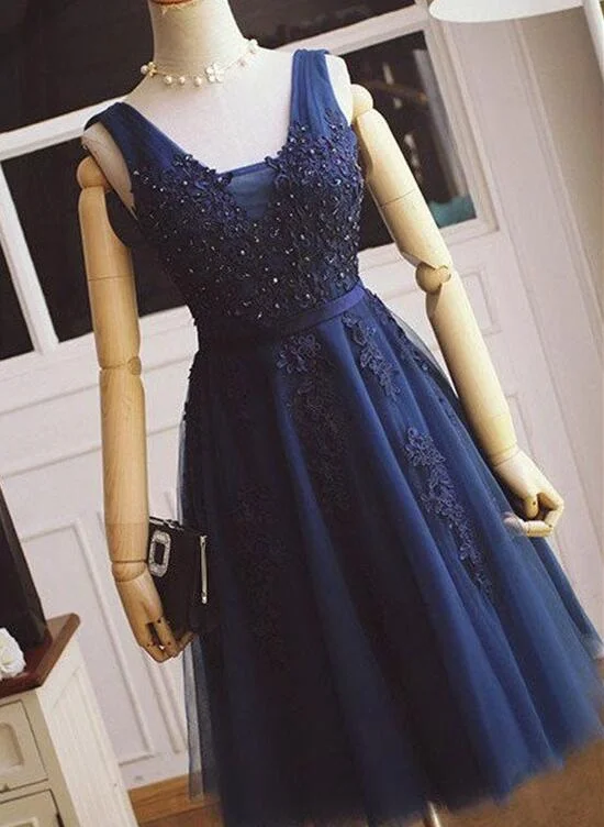 Navy Blue Homecoming Dresses, Applique Short Prom Dress, Knee Length Party Dress Tunics Yoga stretchy Navy Blue Homecoming Dresses, Applique Short Prom Dress, Knee Length Party Dress Tunics Yoga stretchy