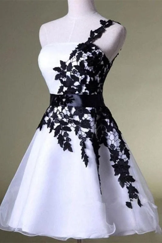 One Shoulder White Homecoming with Black Lace Knee Length Party Dress Tunics Sophisticated sleek One Shoulder White Homecoming with Black Lace Knee Length Party Dress Tunics Sophisticated sleek