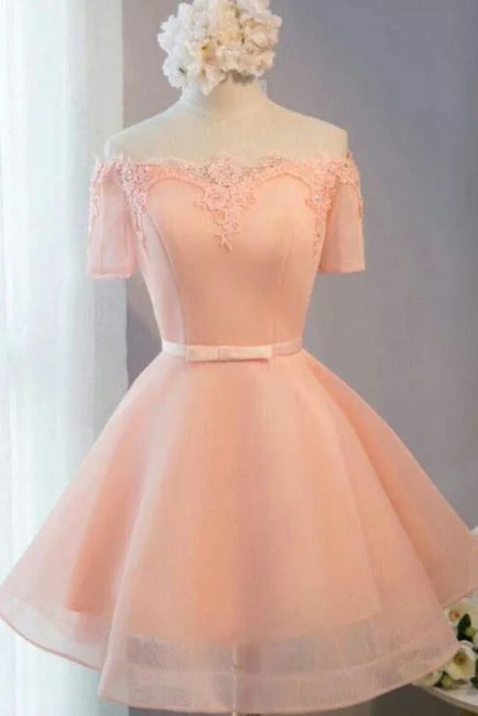 Pastel Orange Appliqued Tulle Off-shoulder Homecoming Dresses Short Party Dress Tunics Floral girly Pastel Orange Appliqued Tulle Off-shoulder Homecoming Dresses Short Party Dress Tunics Floral girly