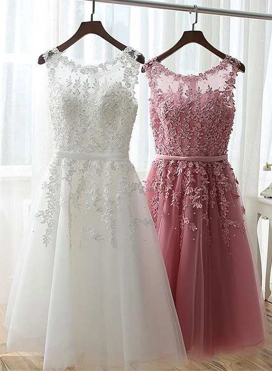 Pink Lace Applique Short Prom Dresses, White Graduation Dresses, Party Dresses Tunics Cozy soft Pink Lace Applique Short Prom Dresses, White Graduation Dresses, Party Dresses Tunics Cozy soft