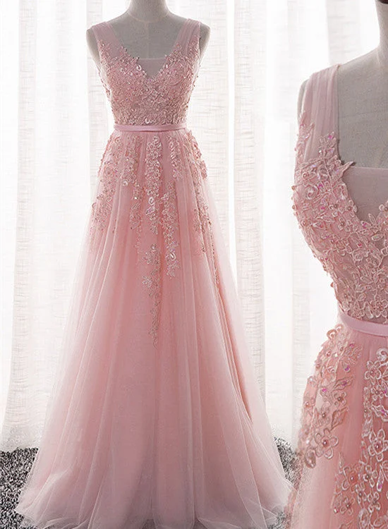Pink Tulle and Appliques Long Prom Dresses, Pink Tulle Party Dresses, Bridesmaid Dresses Tunics Handmade artisanal Pink Tulle and Appliques Long Prom Dresses, Pink Tulle Party Dresses, Bridesmaid Dresses Tunics Handmade artisanal