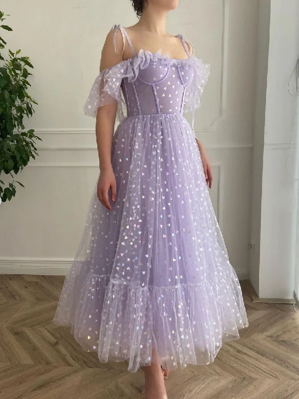 Purple tulle tea length prom dress, purple evening dress Turtleneck Neckline Stylish Purple tulle tea length prom dress, purple evening dress Turtleneck Neckline Stylish