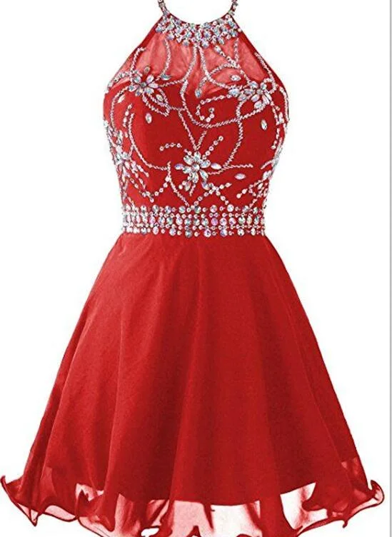 Red Halter Beaded Chiffon Short Homecoming Dresses , Red Party Dress, Red Prom Dresses Tunics Silk luxurious Red Halter Beaded Chiffon Short Homecoming Dresses , Red Party Dress, Red Prom Dresses Tunics Silk luxurious