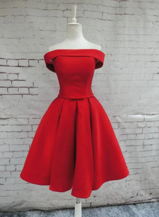 Red Satin Homecoming Dresses, Off Shoulder Party Dress, Knee Length Prom Dress Tunics Evening elegant Red Satin Homecoming Dresses, Off Shoulder Party Dress, Knee Length Prom Dress Tunics Evening elegant
