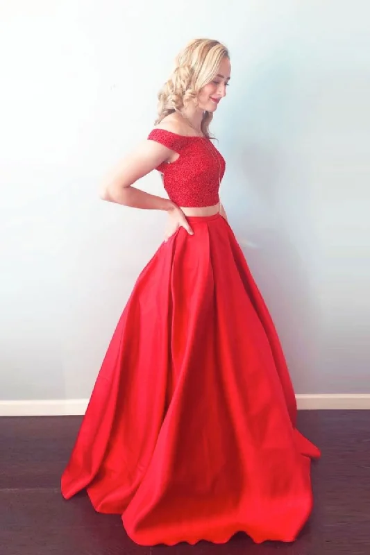 Red two pieces satin long prom dress red long evening dress Tunics Sophisticated sleek Red two pieces satin long prom dress red long evening dress Tunics Sophisticated sleek