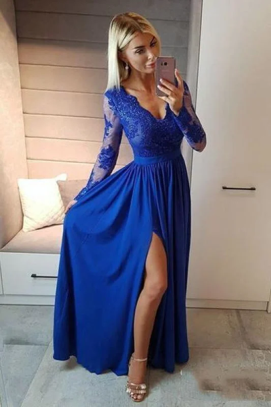 BA7496 Royal Blue V Neck Long Sleeve Prom Floor Length Split Evening Dress with Lace Tunics Top Casual BA7496 Royal Blue V Neck Long Sleeve Prom Floor Length Split Evening Dress with Lace Tunics Top Casual