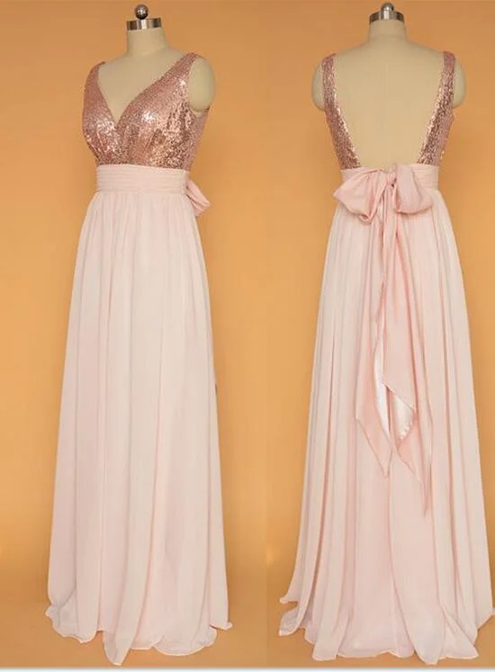Sequins Backless Chiffon Skirt Long Bridesmaid Dresses, Bridesmaid Dress with Bow, Lovely Party Dresses Tunics Timeless classic Sequins Backless Chiffon Skirt Long Bridesmaid Dresses, Bridesmaid Dress with Bow, Lovely Party Dresses Tunics Timeless classic