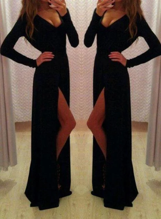 Sexy Long Sleeves V-neckline Party Dresses, Slit Black Formal Dresses, Evening Gowns Tunics Bridal satin Sexy Long Sleeves V-neckline Party Dresses, Slit Black Formal Dresses, Evening Gowns Tunics Bridal satin